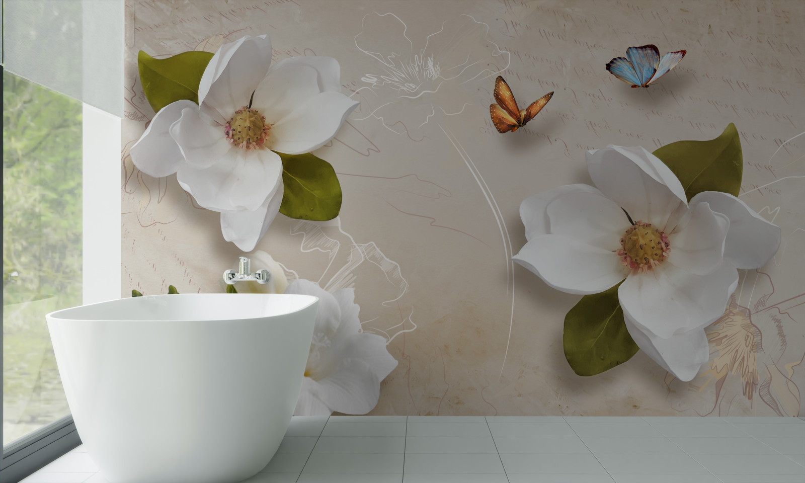 Papier peint les lotus d'été sont blancs et ornés de papillons