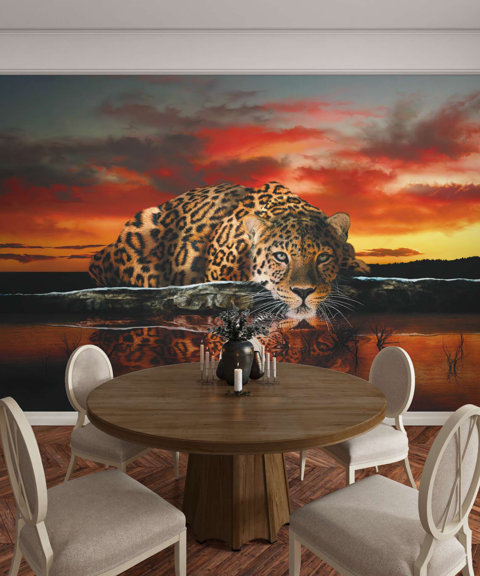 Papier peint imprimé léopard sur fond de coucher de soleil