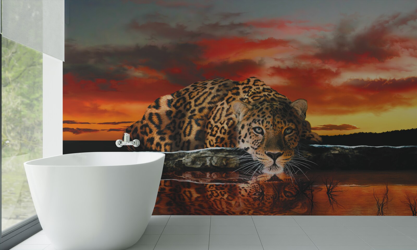 Papier peint imprimé léopard sur fond de coucher de soleil