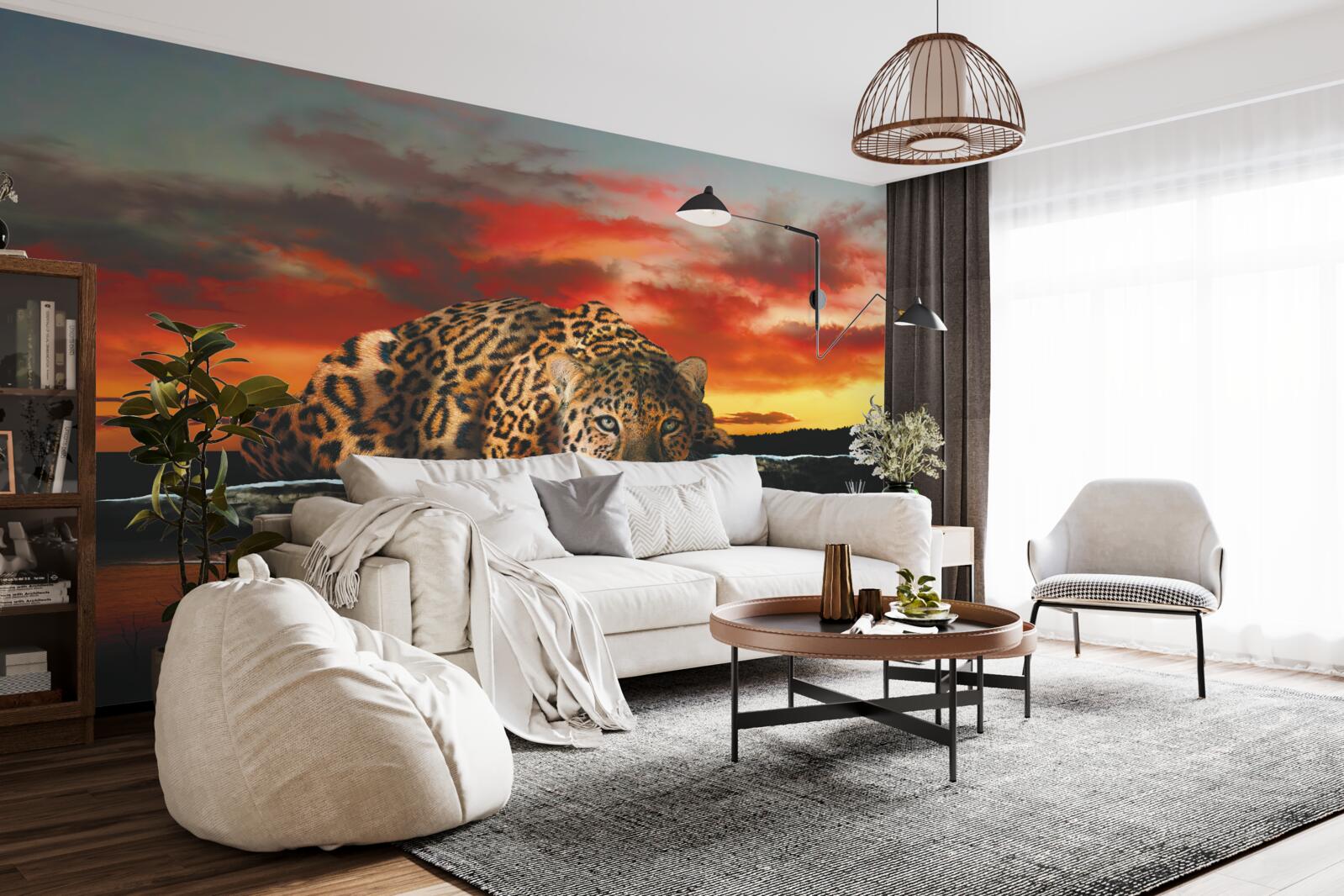 Papier peint imprimé léopard sur fond de coucher de soleil