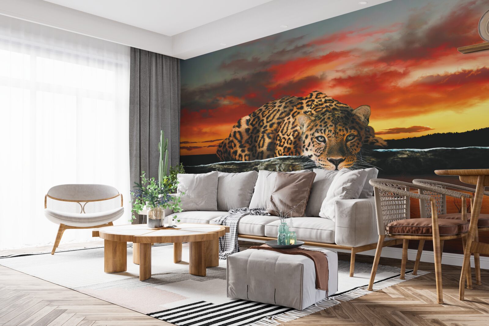 Papier peint imprimé léopard sur fond de coucher de soleil