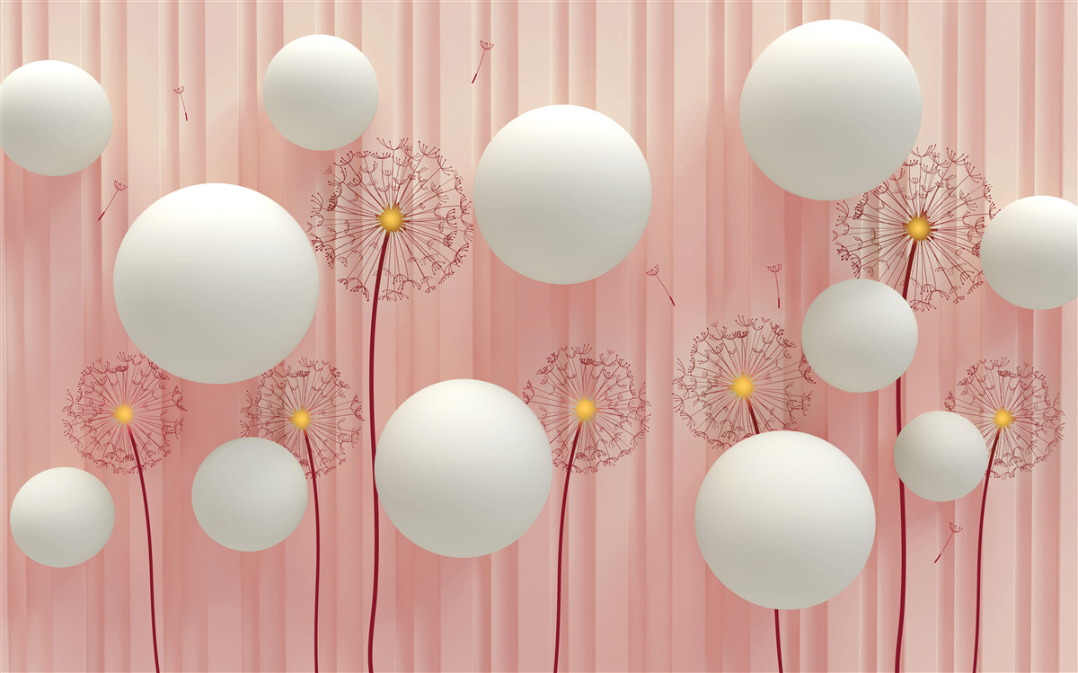 Papier peint élégants pissenlits et boules blanches sur fond rose