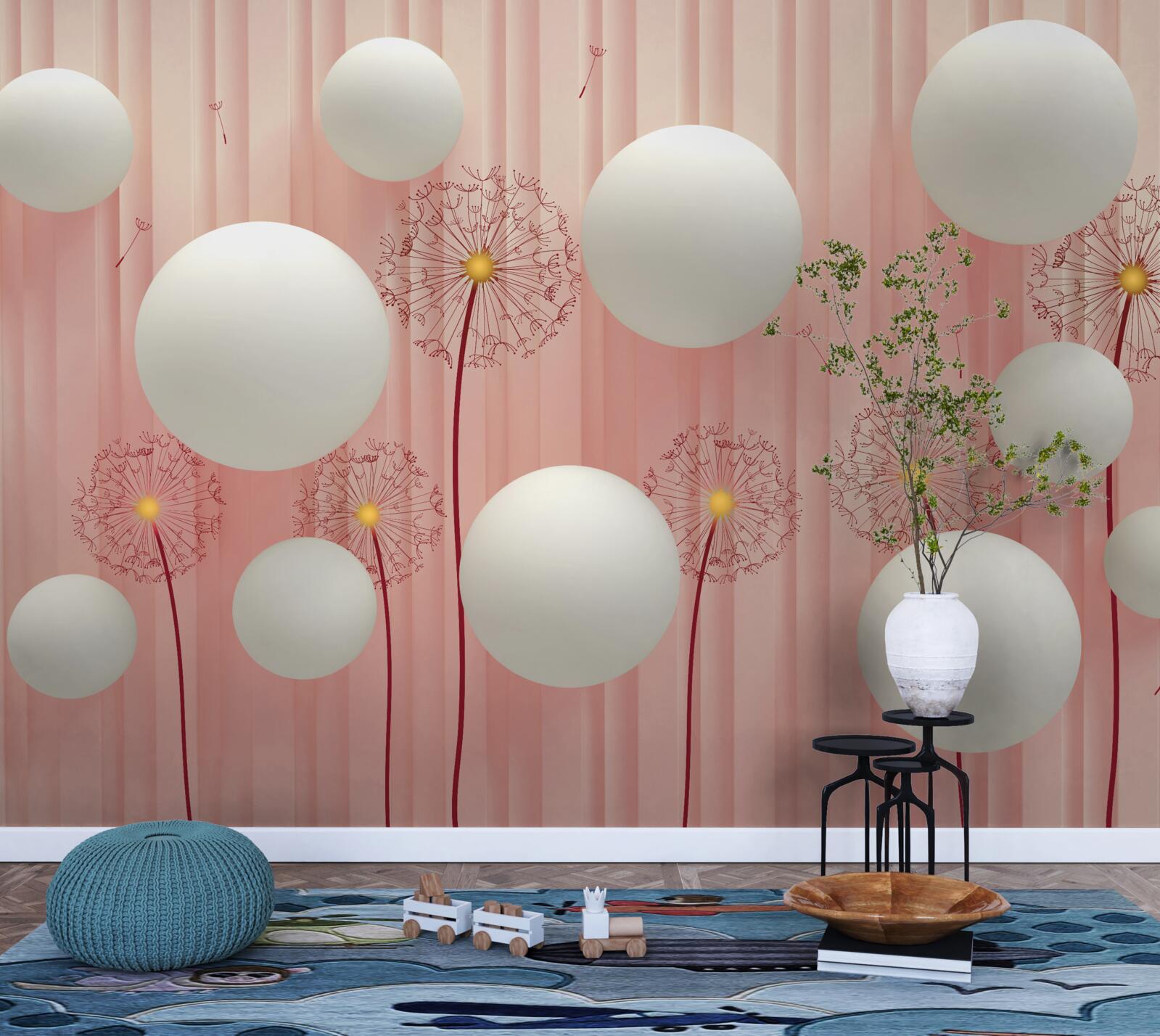 Papier peint élégants pissenlits et boules blanches sur fond rose