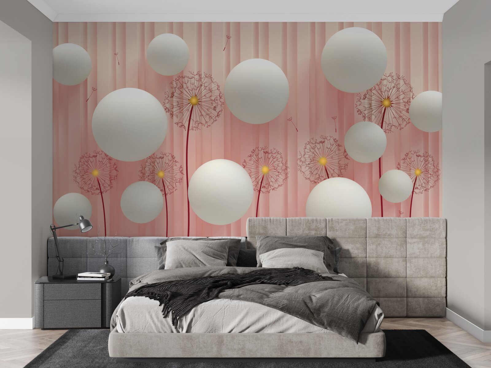Papier peint élégants pissenlits et boules blanches sur fond rose