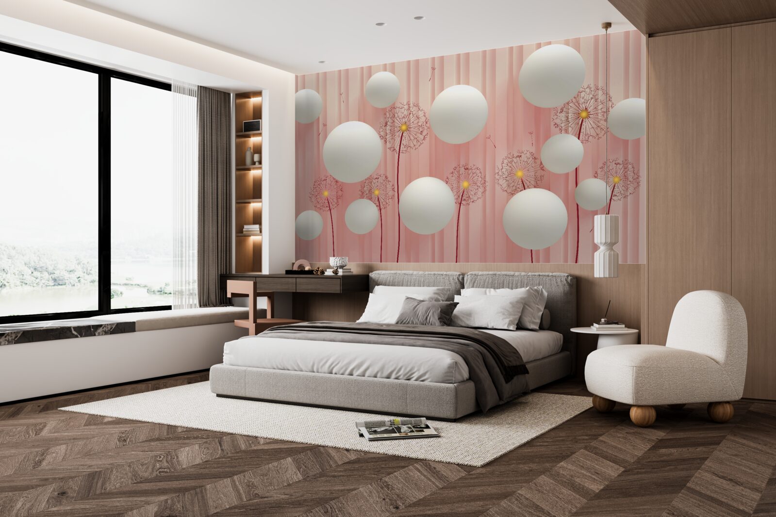 Papier peint élégants pissenlits et boules blanches sur fond rose