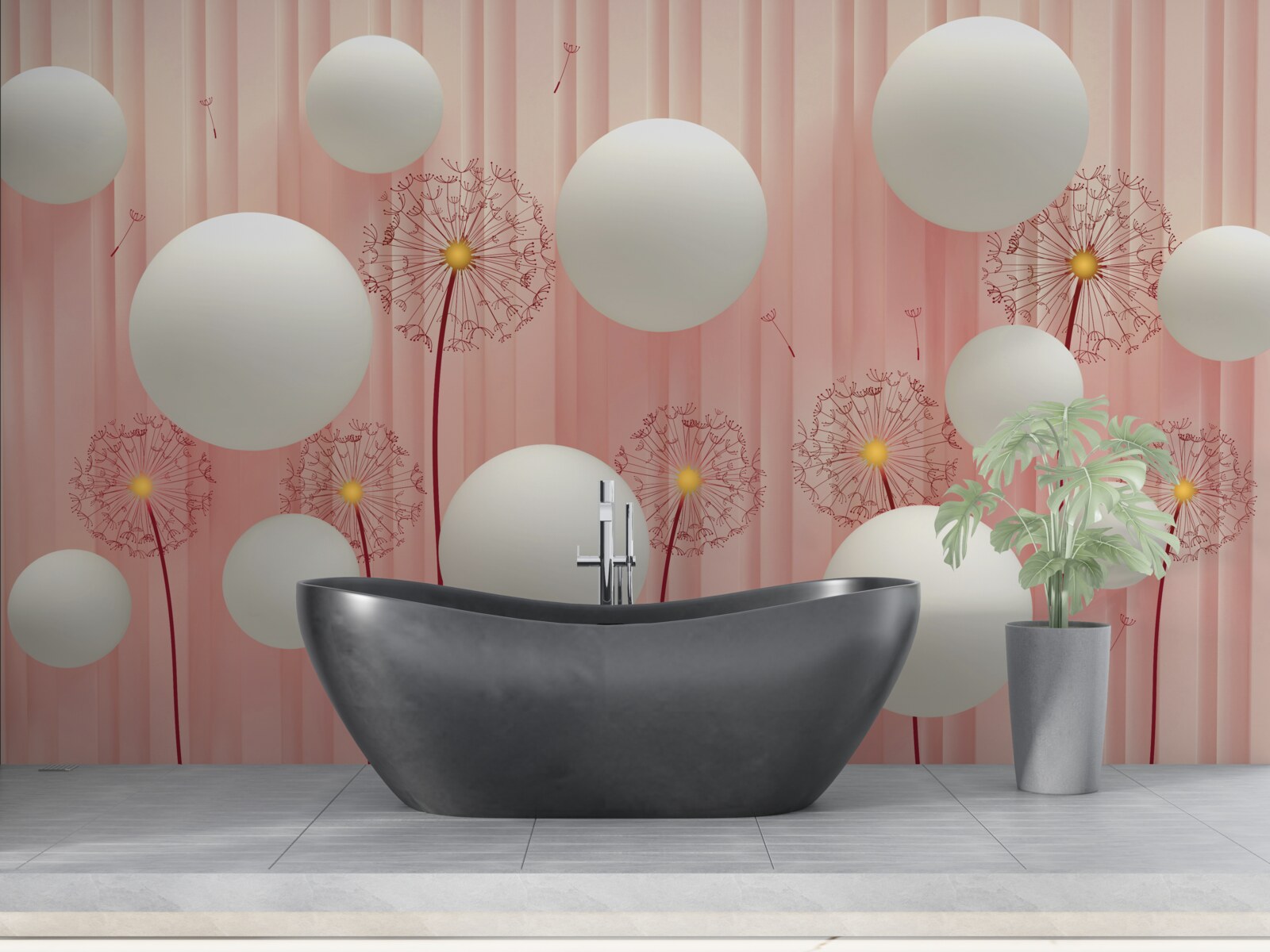 Papier peint élégants pissenlits et boules blanches sur fond rose