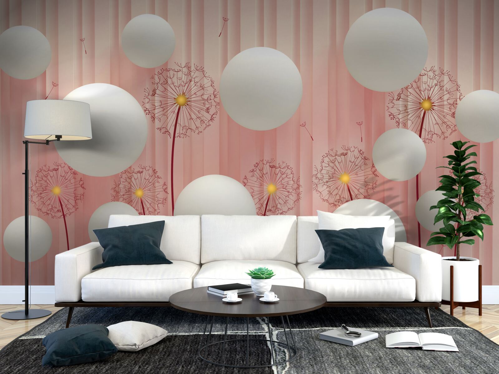 Papier peint élégants pissenlits et boules blanches sur fond rose