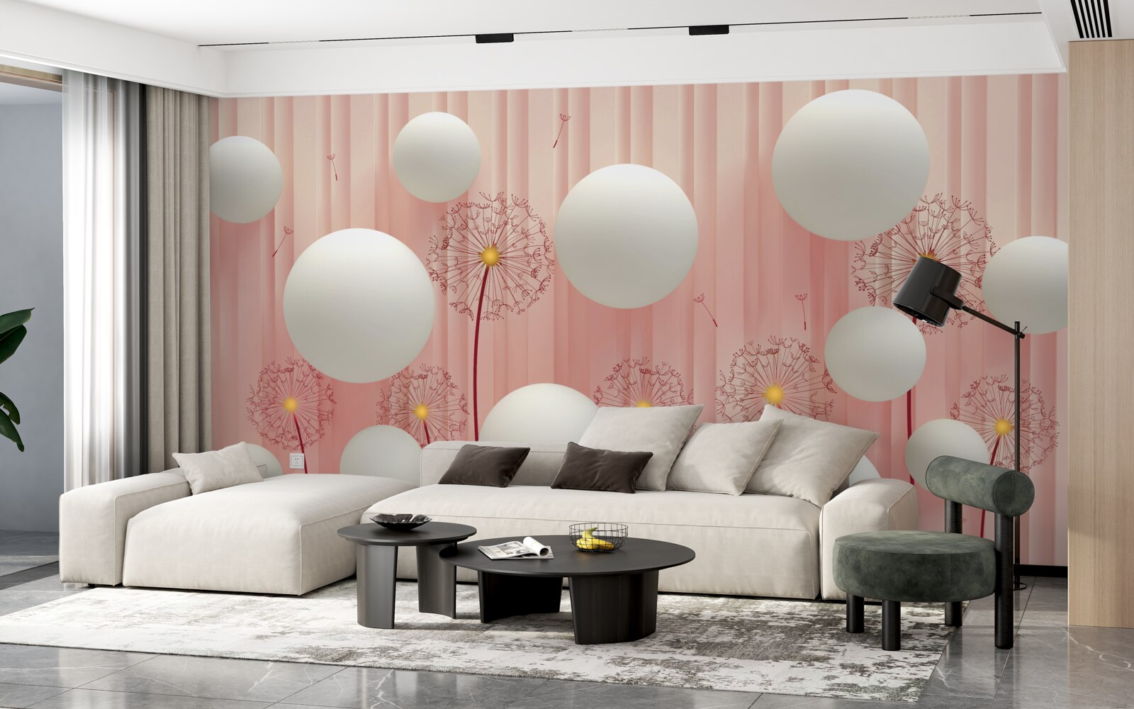 Papier peint élégants pissenlits et boules blanches sur fond rose