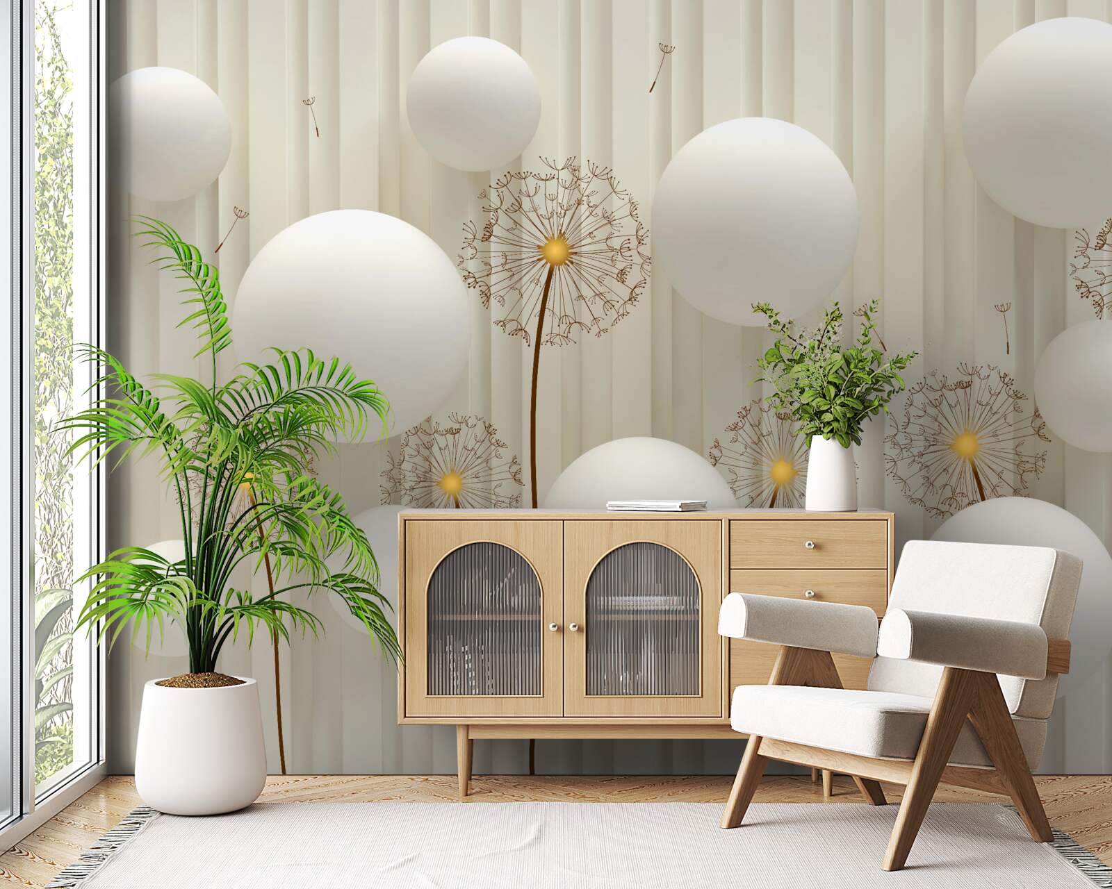 Papier peint composition avec des œufs blancs, décorée de boules