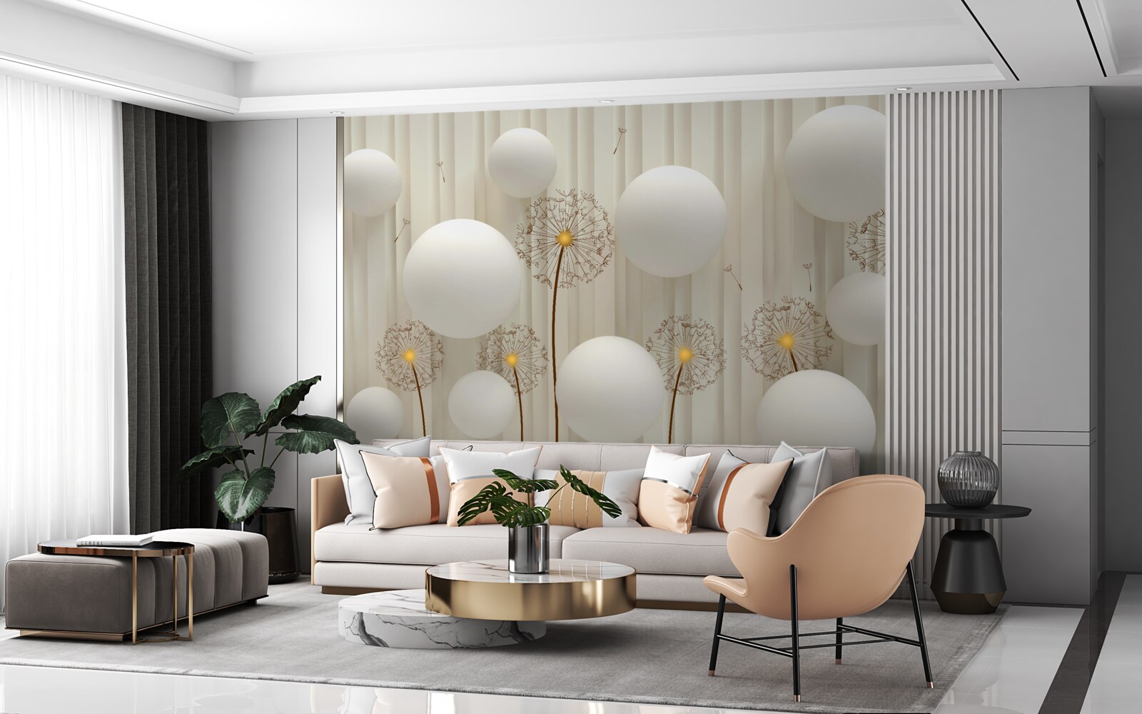 Papier peint composition avec des œufs blancs, décorée de boules