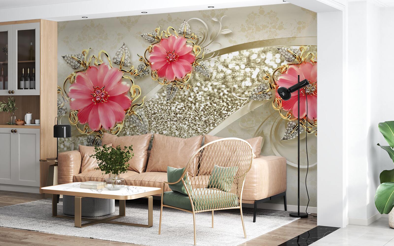 Papier peint bourgeons de gerbera teintés de rouge sur des branches dorées