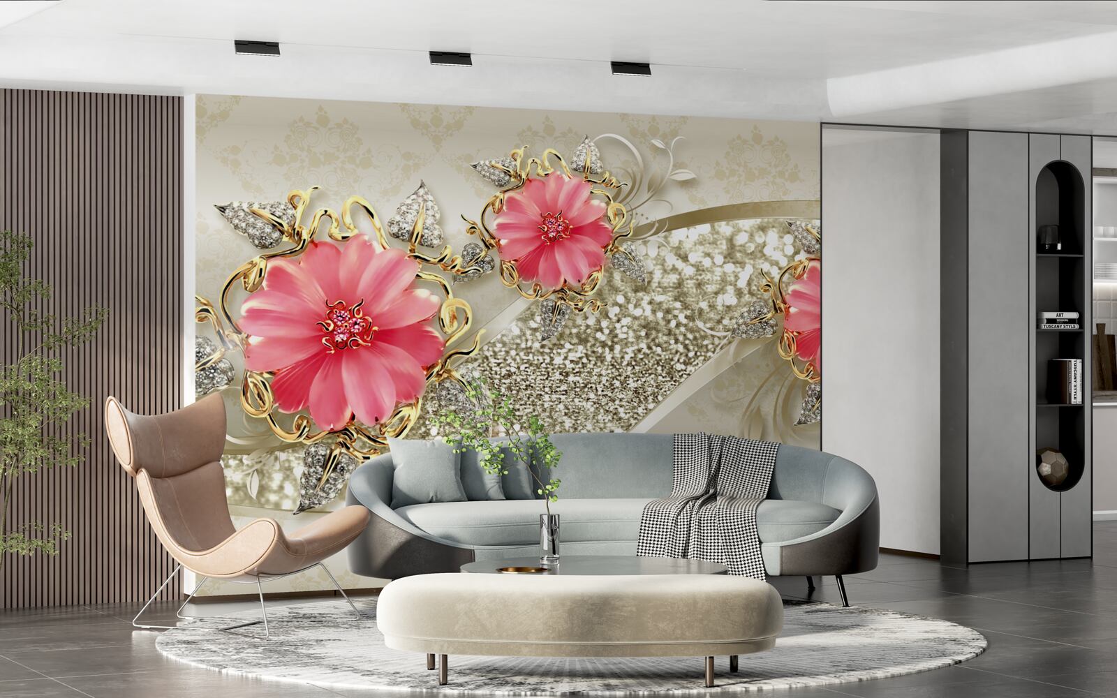 Papier peint bourgeons de gerbera teintés de rouge sur des branches dorées