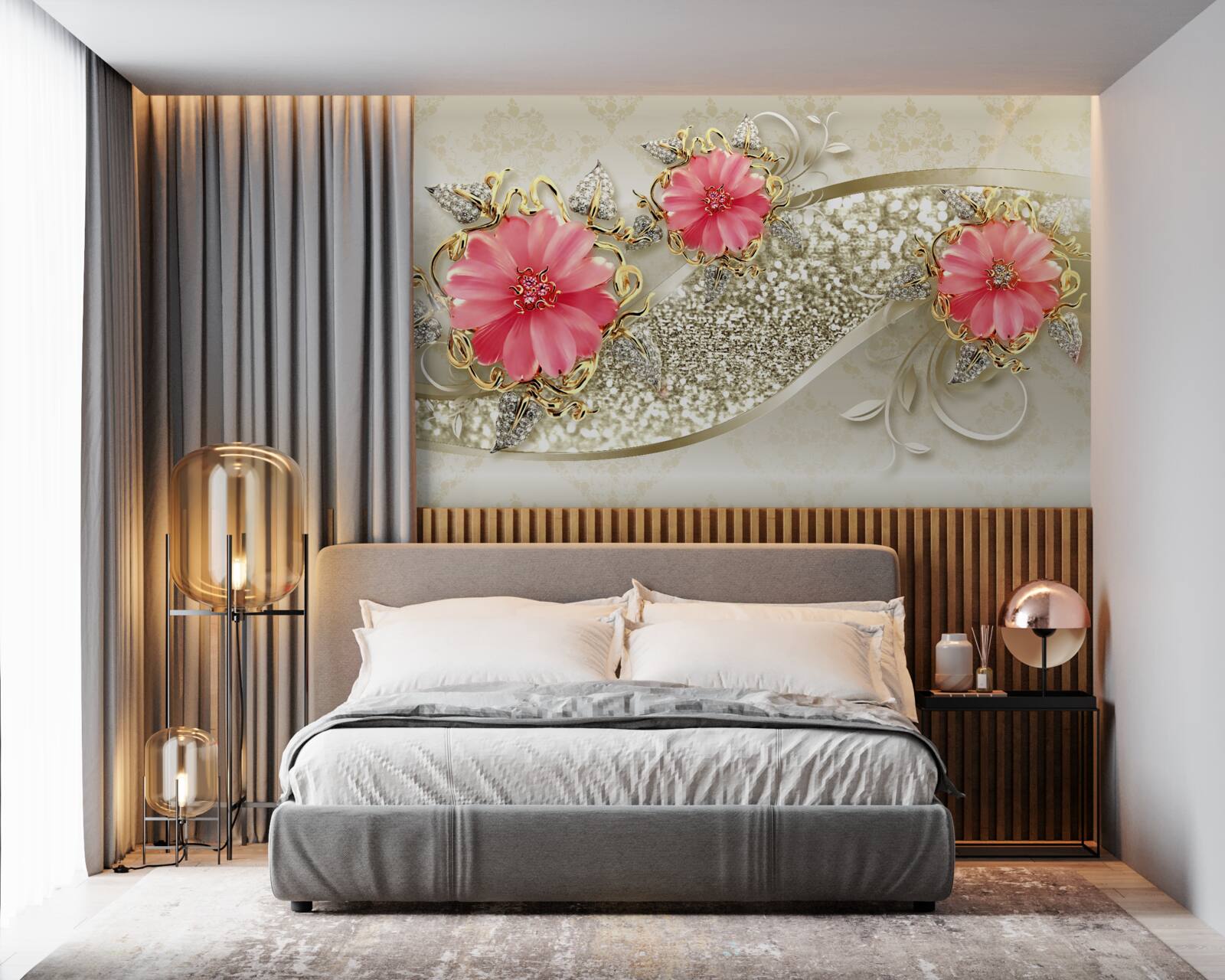 Papier peint bourgeons de gerbera teintés de rouge sur des branches dorées