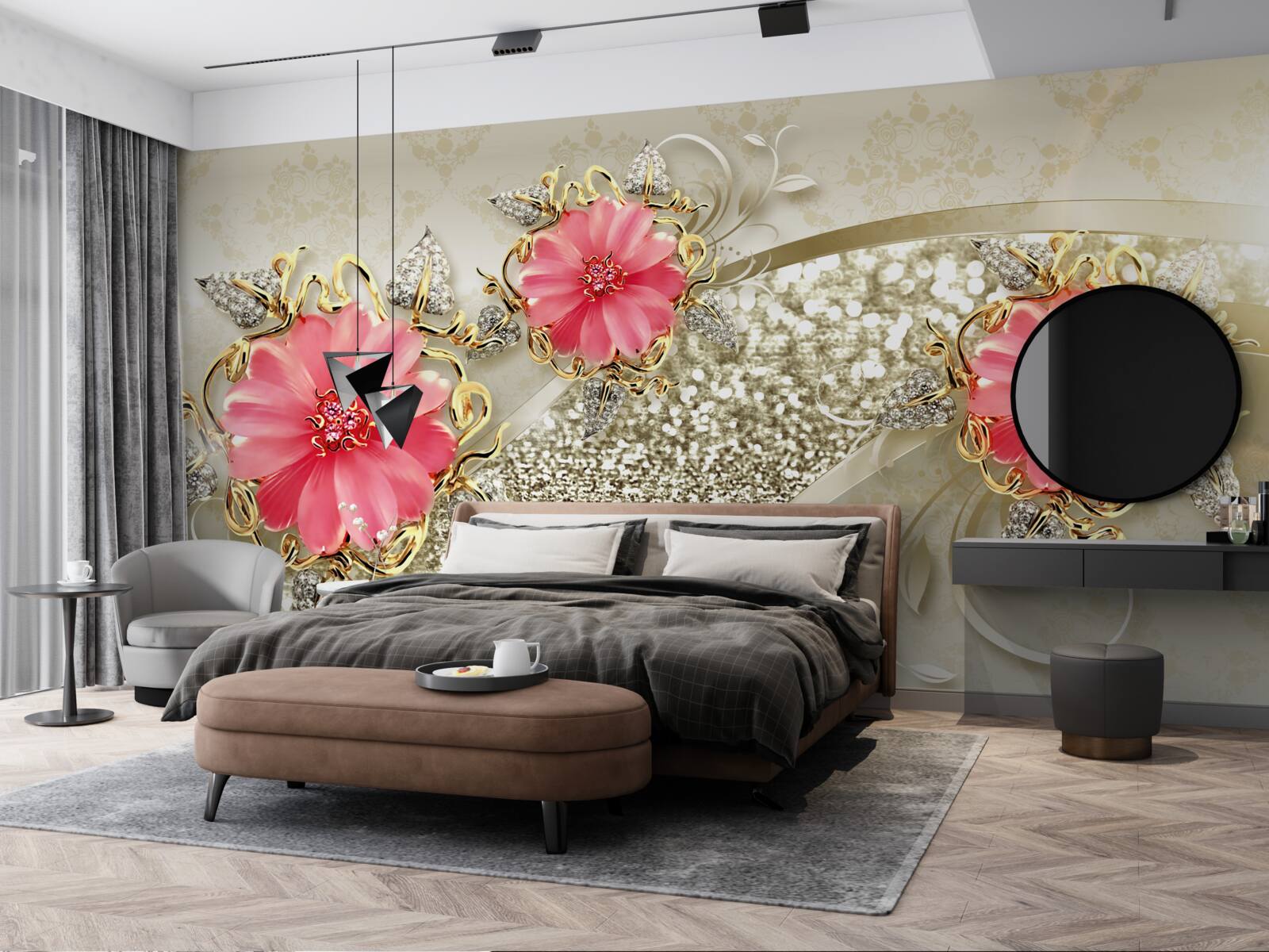 Papier peint bourgeons de gerbera teintés de rouge sur des branches dorées