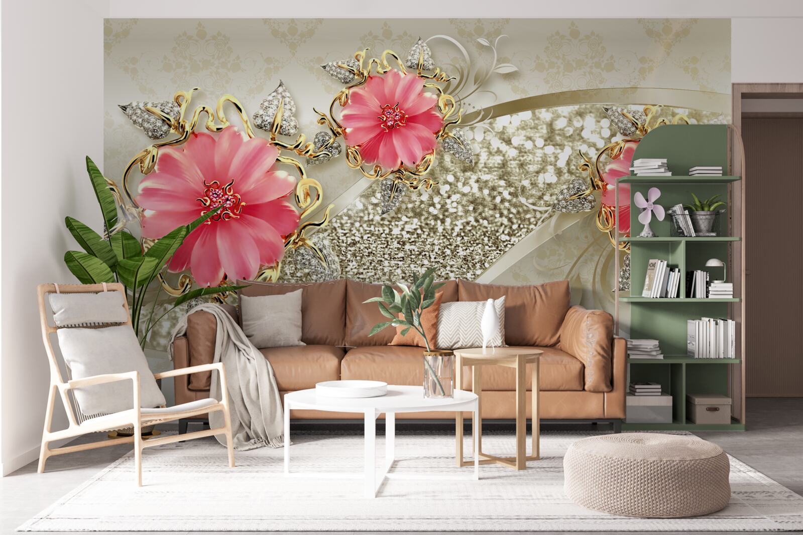 Papier peint bourgeons de gerbera teintés de rouge sur des branches dorées