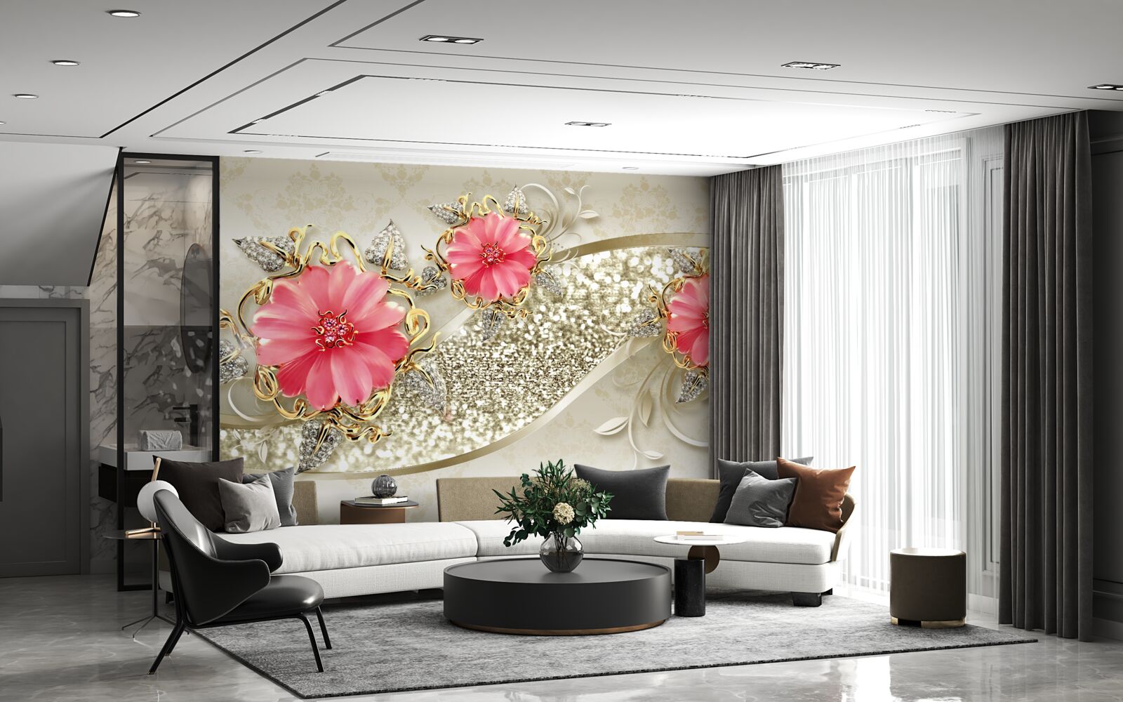 Papier peint bourgeons de gerbera teintés de rouge sur des branches dorées