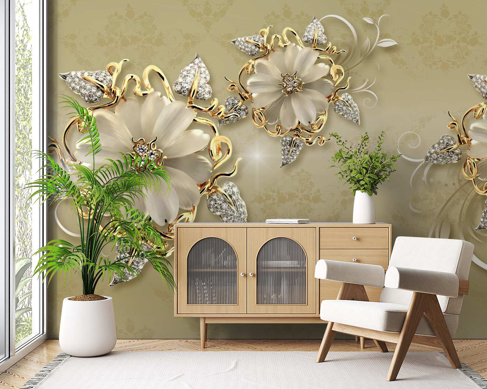 Papier peint les fleurs sont blanches comme la neige et les brindilles scintillent d'or et d'argent