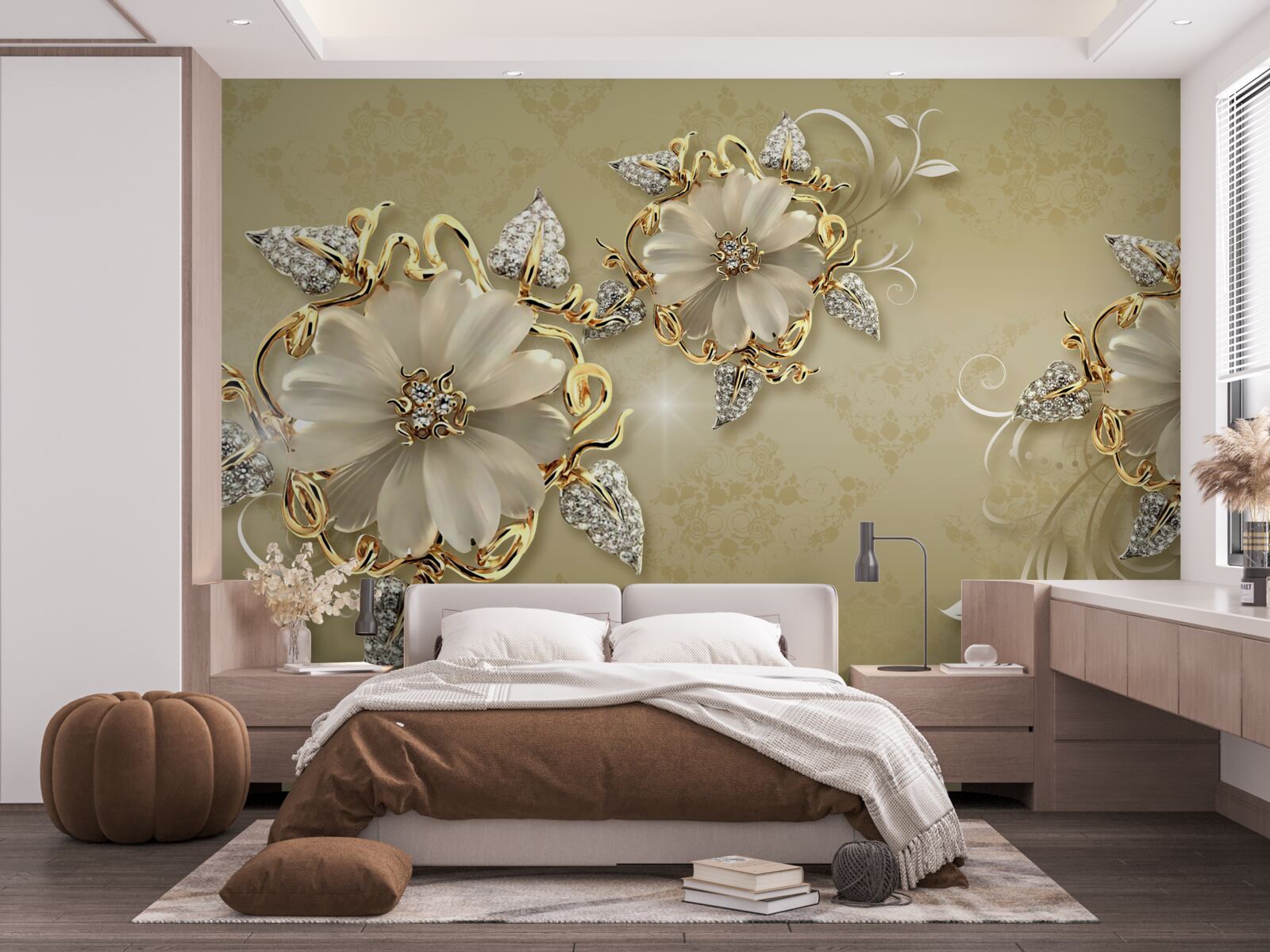 Papier peint les fleurs sont blanches comme la neige et les brindilles scintillent d'or et d'argent