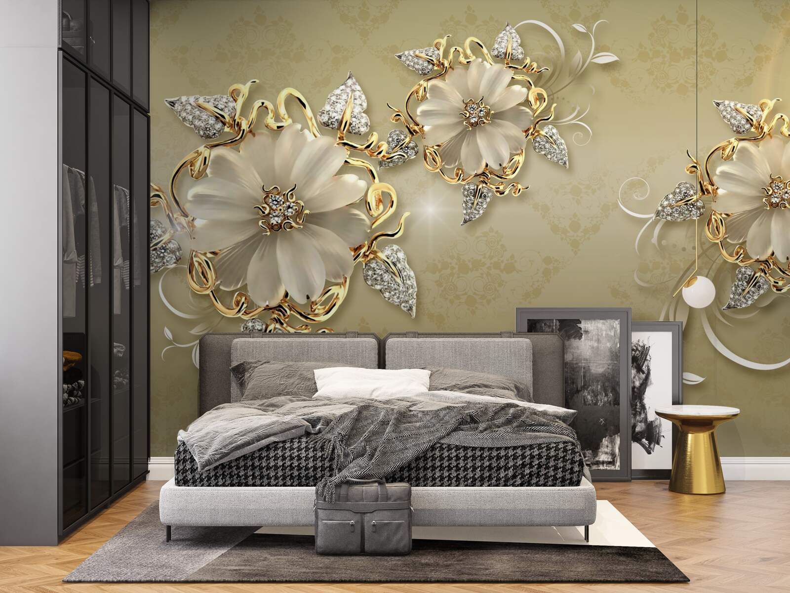 Papier peint les fleurs sont blanches comme la neige et les brindilles scintillent d'or et d'argent