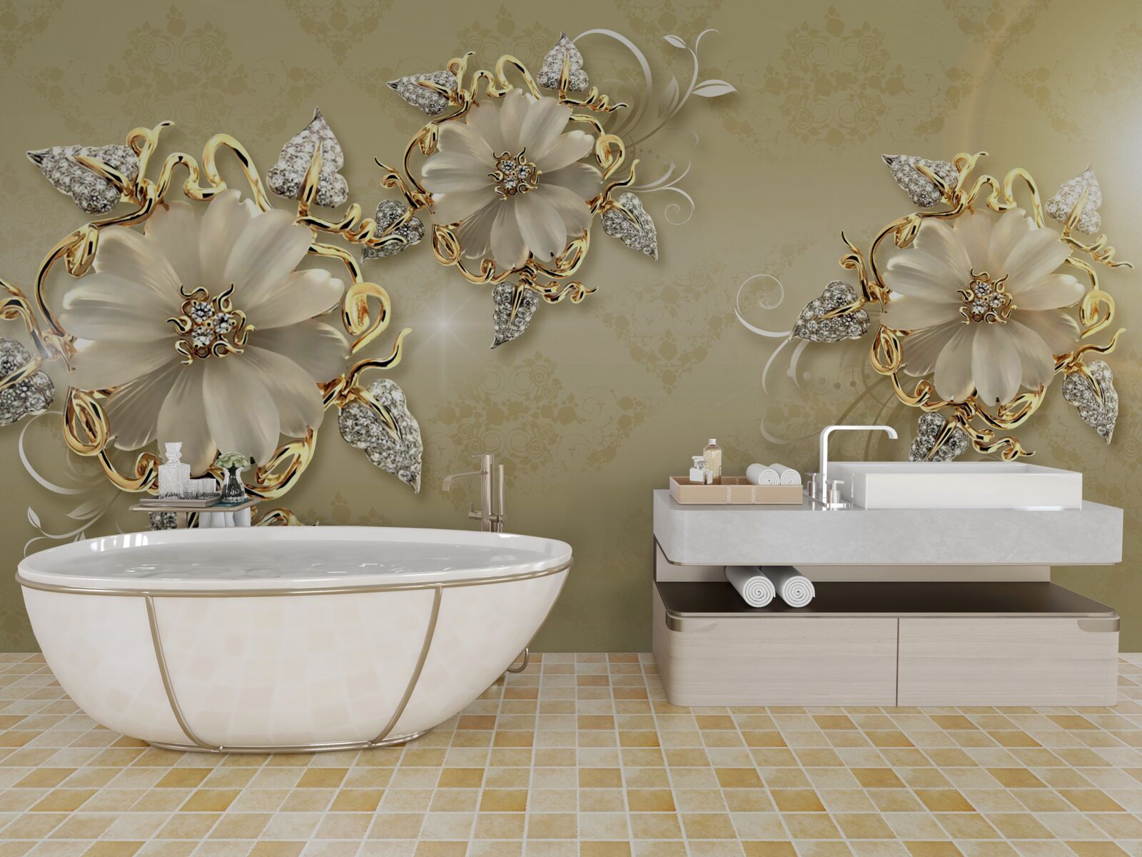 Papier peint les fleurs sont blanches comme la neige et les brindilles scintillent d'or et d'argent