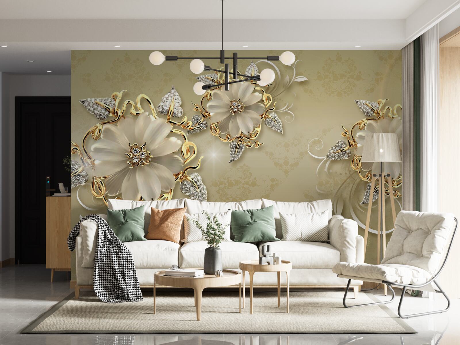 Papier peint les fleurs sont blanches comme la neige et les brindilles scintillent d'or et d'argent