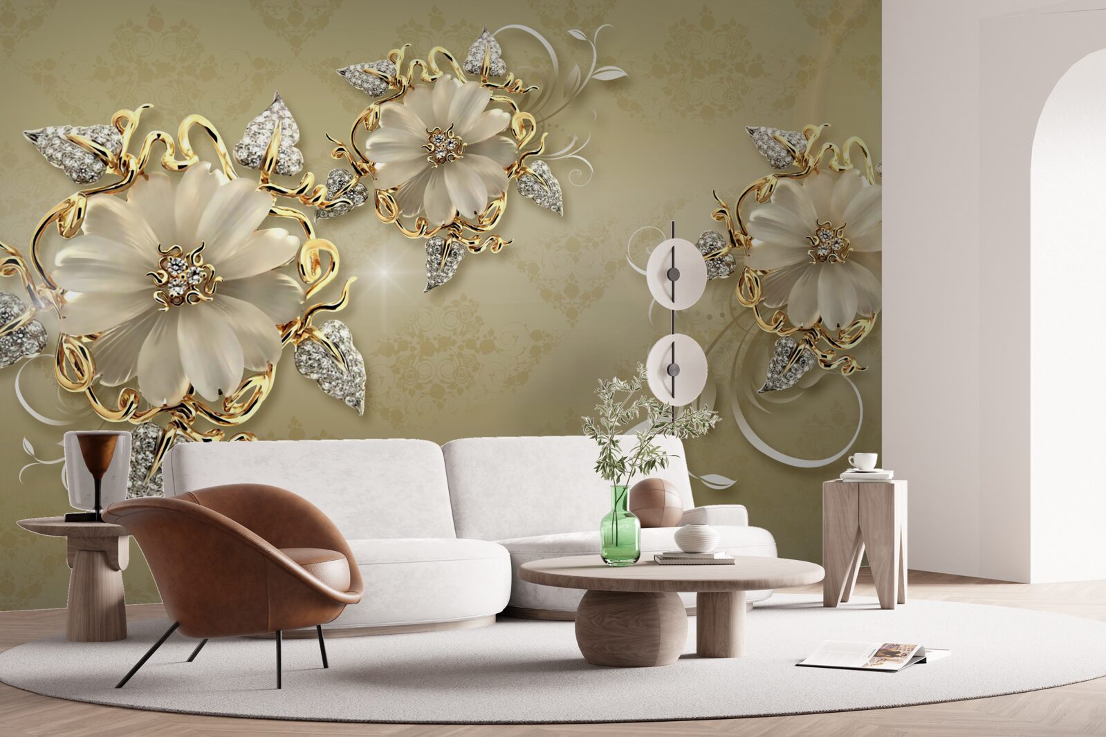 Papier peint les fleurs sont blanches comme la neige et les brindilles scintillent d'or et d'argent