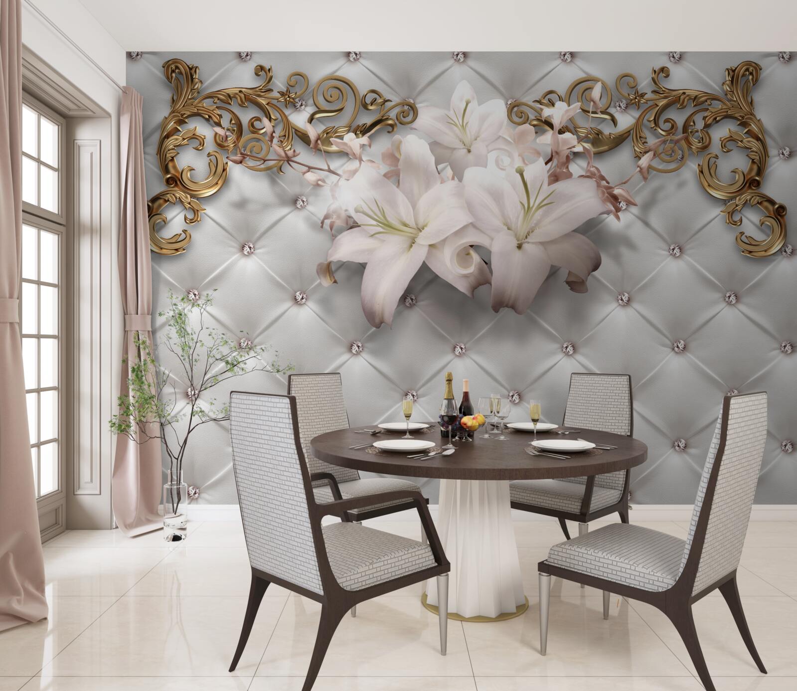 Papier peint des fleurs dans les tons blancs, décorées de cristaux et d'or