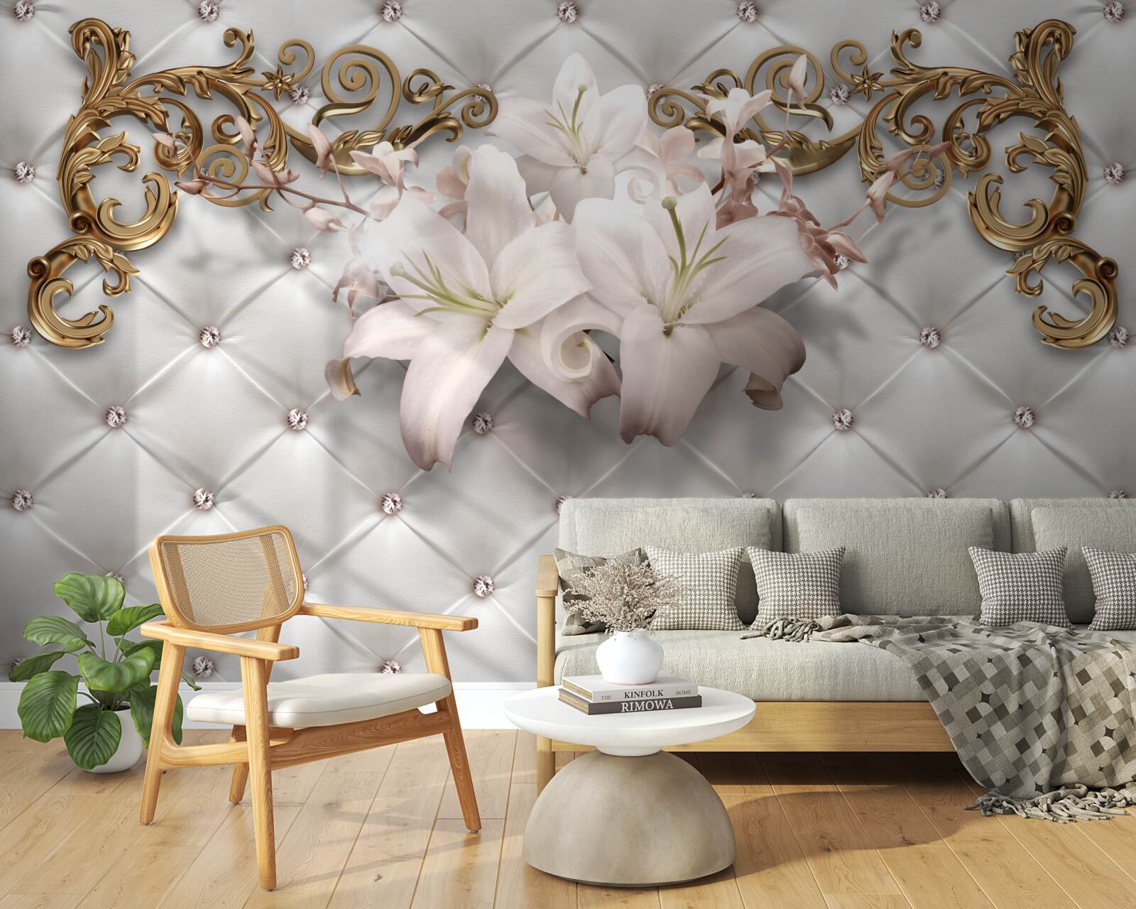 Papier peint des fleurs dans les tons blancs, décorées de cristaux et d'or