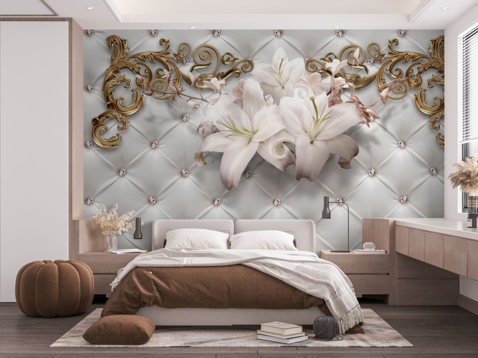 Papier peint des fleurs dans les tons blancs, décorées de cristaux et d'or