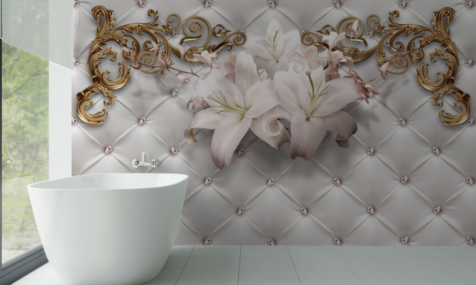 Papier peint des fleurs dans les tons blancs, décorées de cristaux et d'or