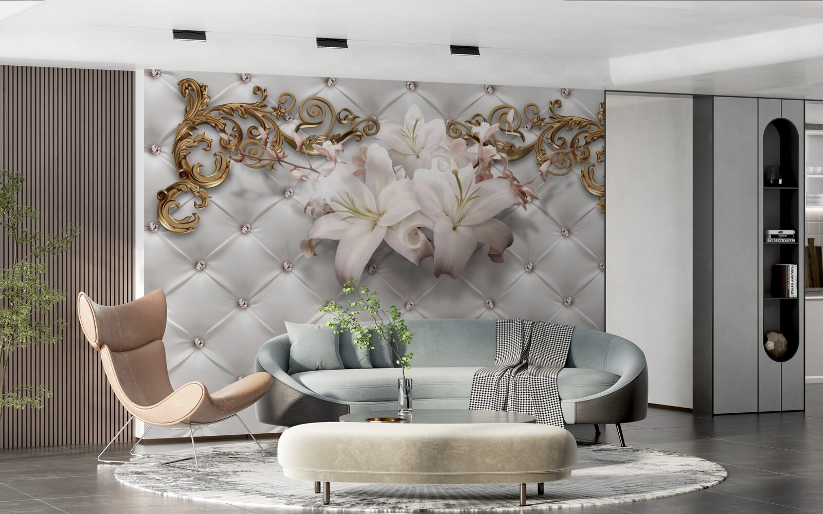 Papier peint des fleurs dans les tons blancs, décorées de cristaux et d'or