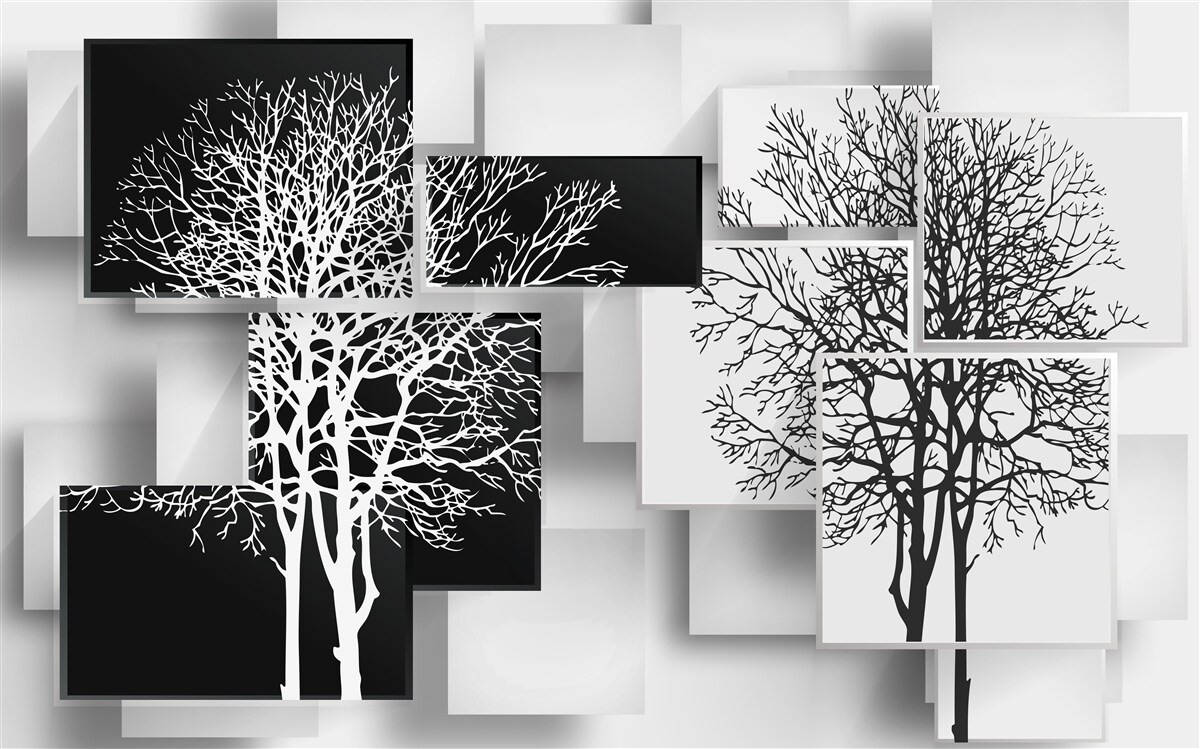 Papier peint les arbres sont en noir et blanc sur un fond de rectangles