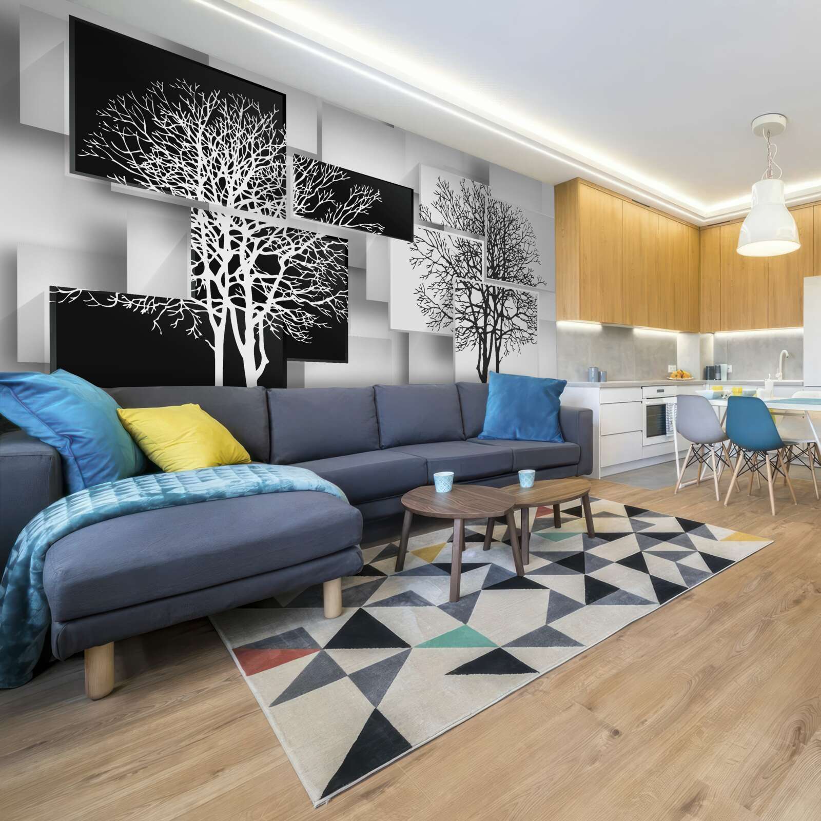 Papier peint les arbres sont en noir et blanc sur un fond de rectangles