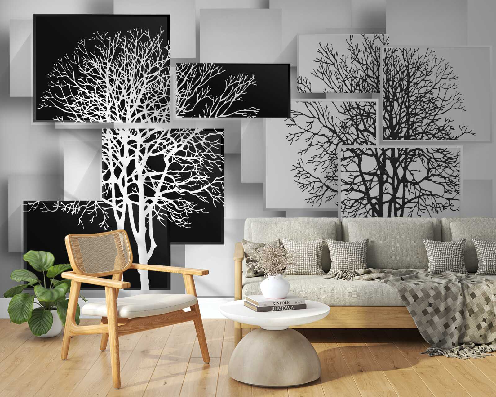 Papier peint les arbres sont en noir et blanc sur un fond de rectangles