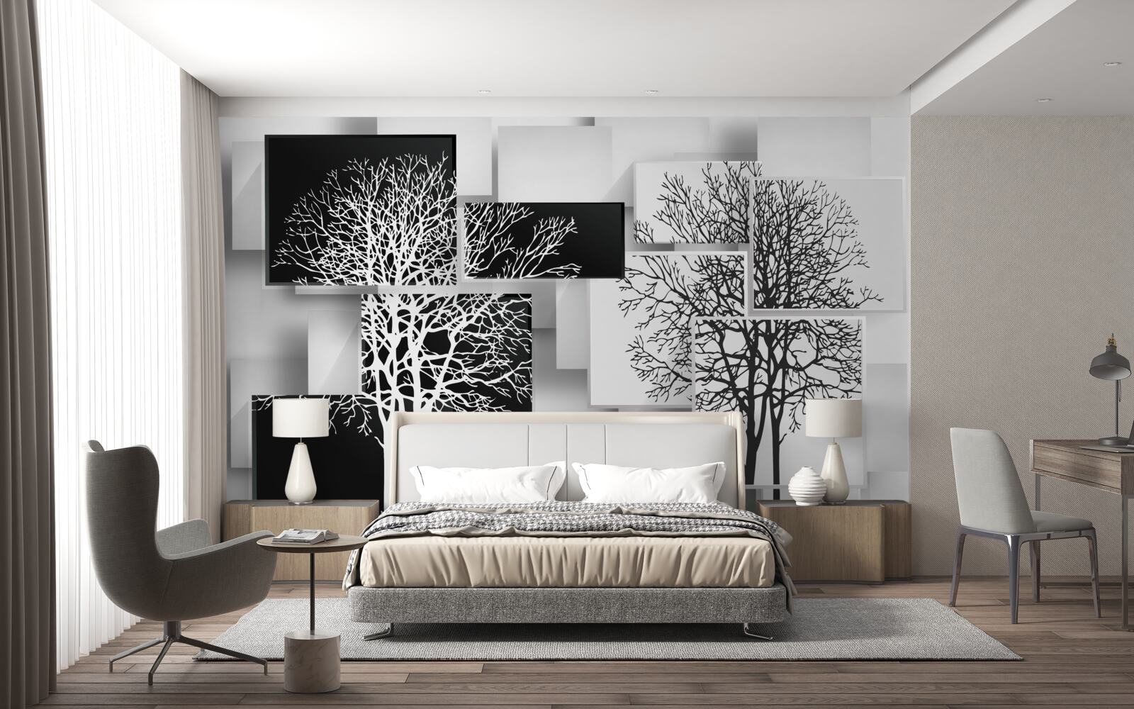 Papier peint les arbres sont en noir et blanc sur un fond de rectangles