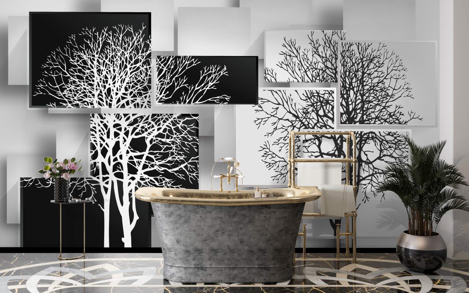 Papier peint les arbres sont en noir et blanc sur un fond de rectangles