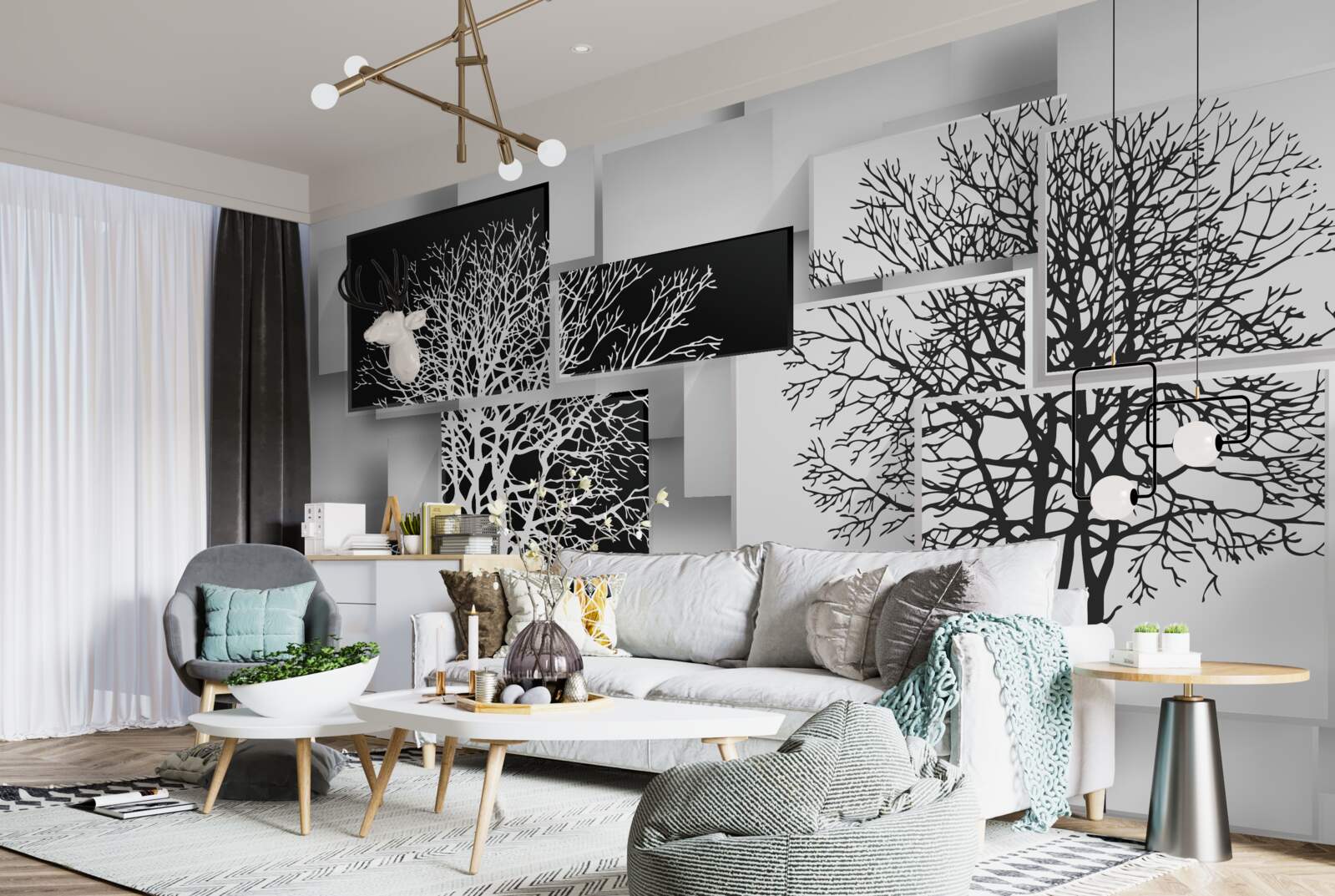 Papier peint les arbres sont en noir et blanc sur un fond de rectangles