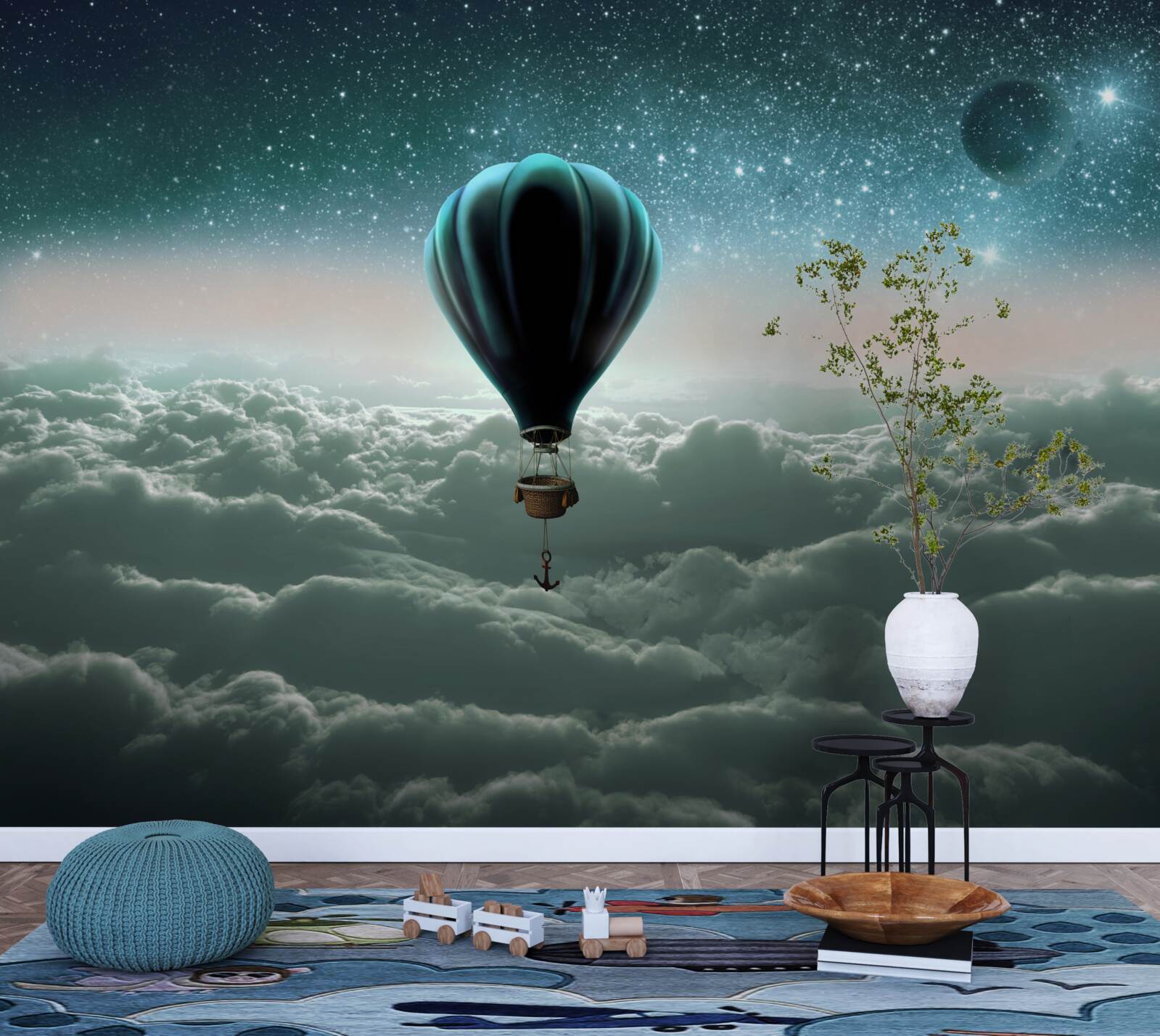 Papier peint montgolfière nocturne flottant au-dessus des nuages