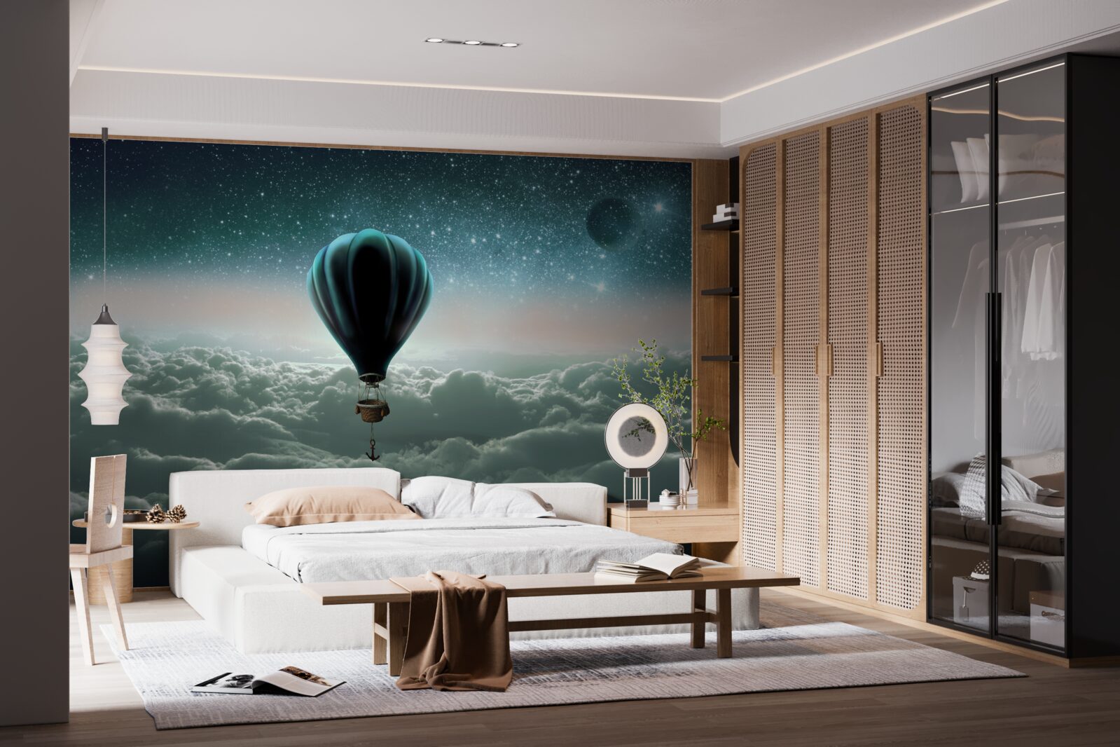 Papier peint montgolfière nocturne flottant au-dessus des nuages