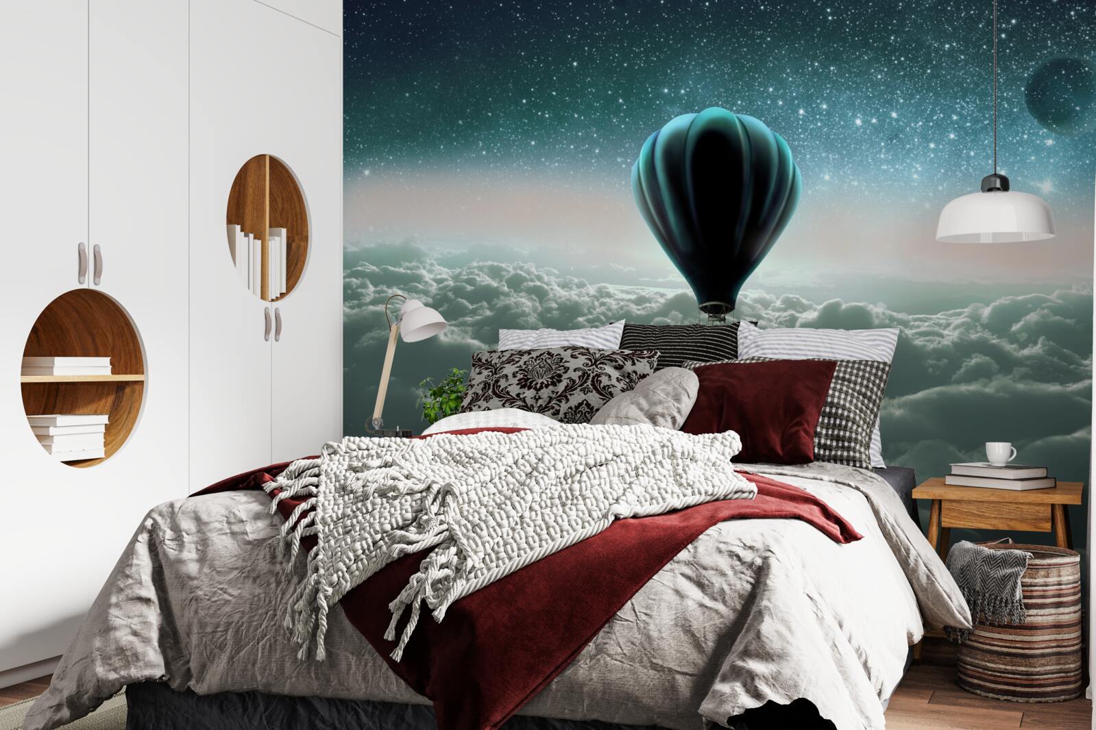 Papier peint montgolfière nocturne flottant au-dessus des nuages