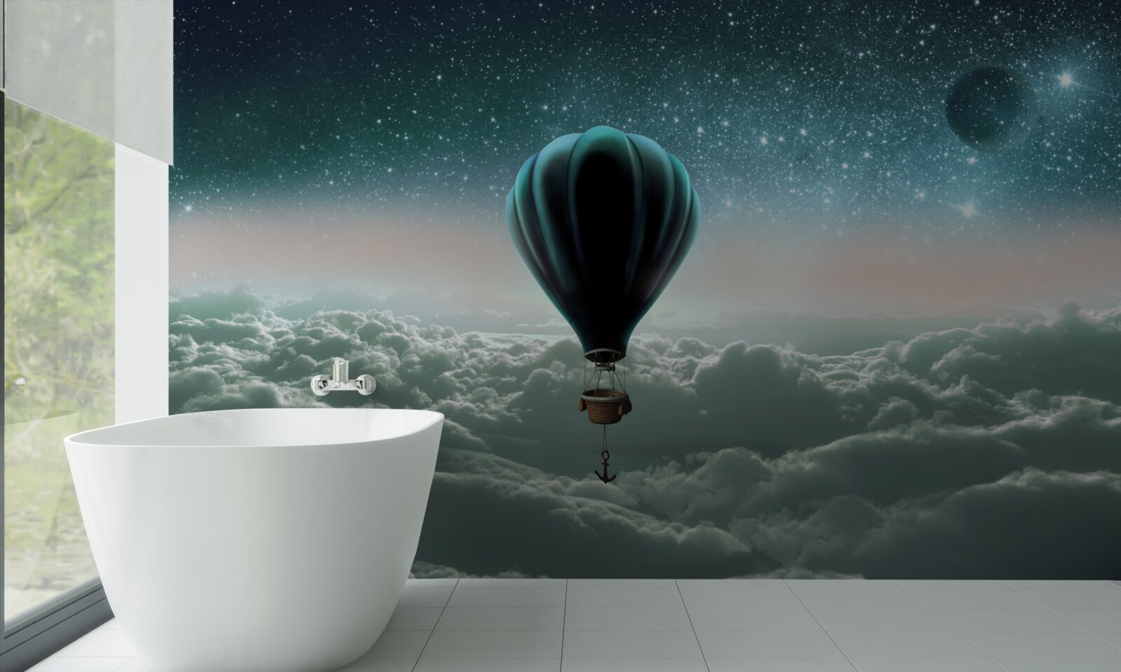 Papier peint montgolfière nocturne flottant au-dessus des nuages