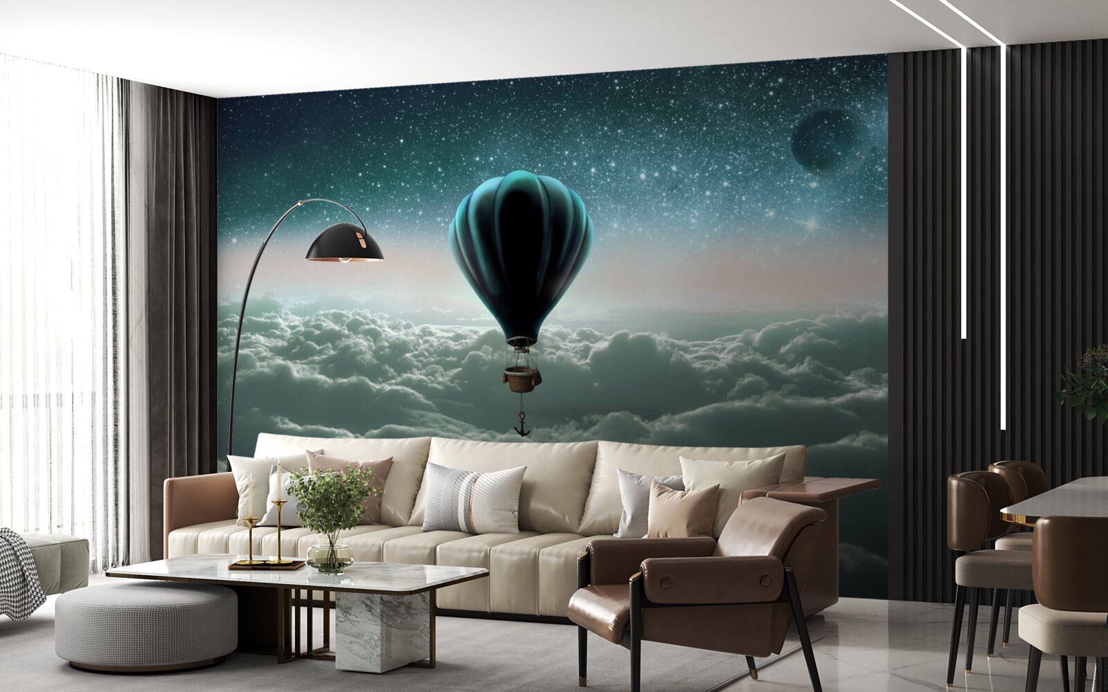 Papier peint montgolfière nocturne flottant au-dessus des nuages