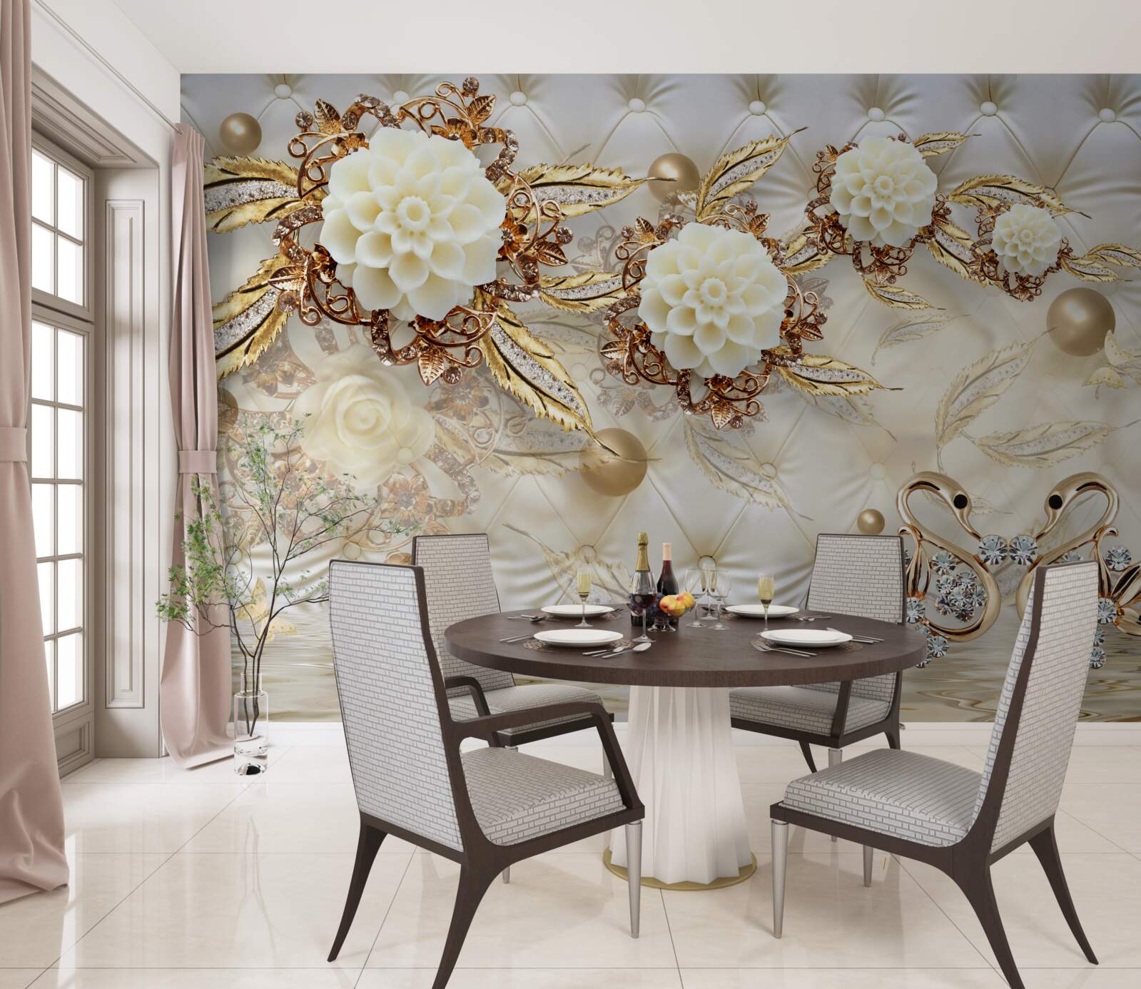 Papier peint cygnes dorés et bourgeons légers sur or brillant