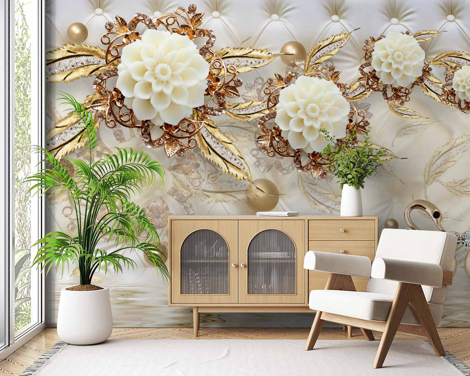 Papier peint cygnes dorés et bourgeons légers sur or brillant