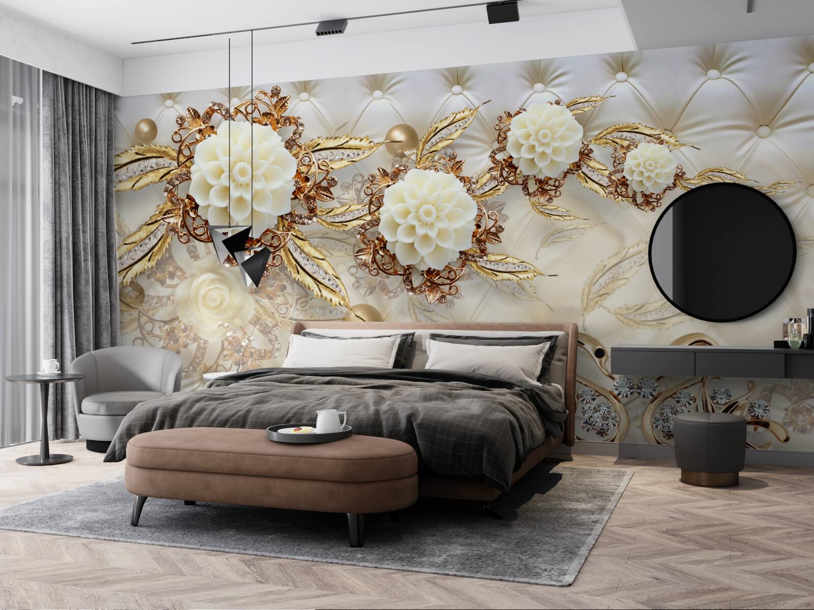 Papier peint cygnes dorés et bourgeons légers sur or brillant