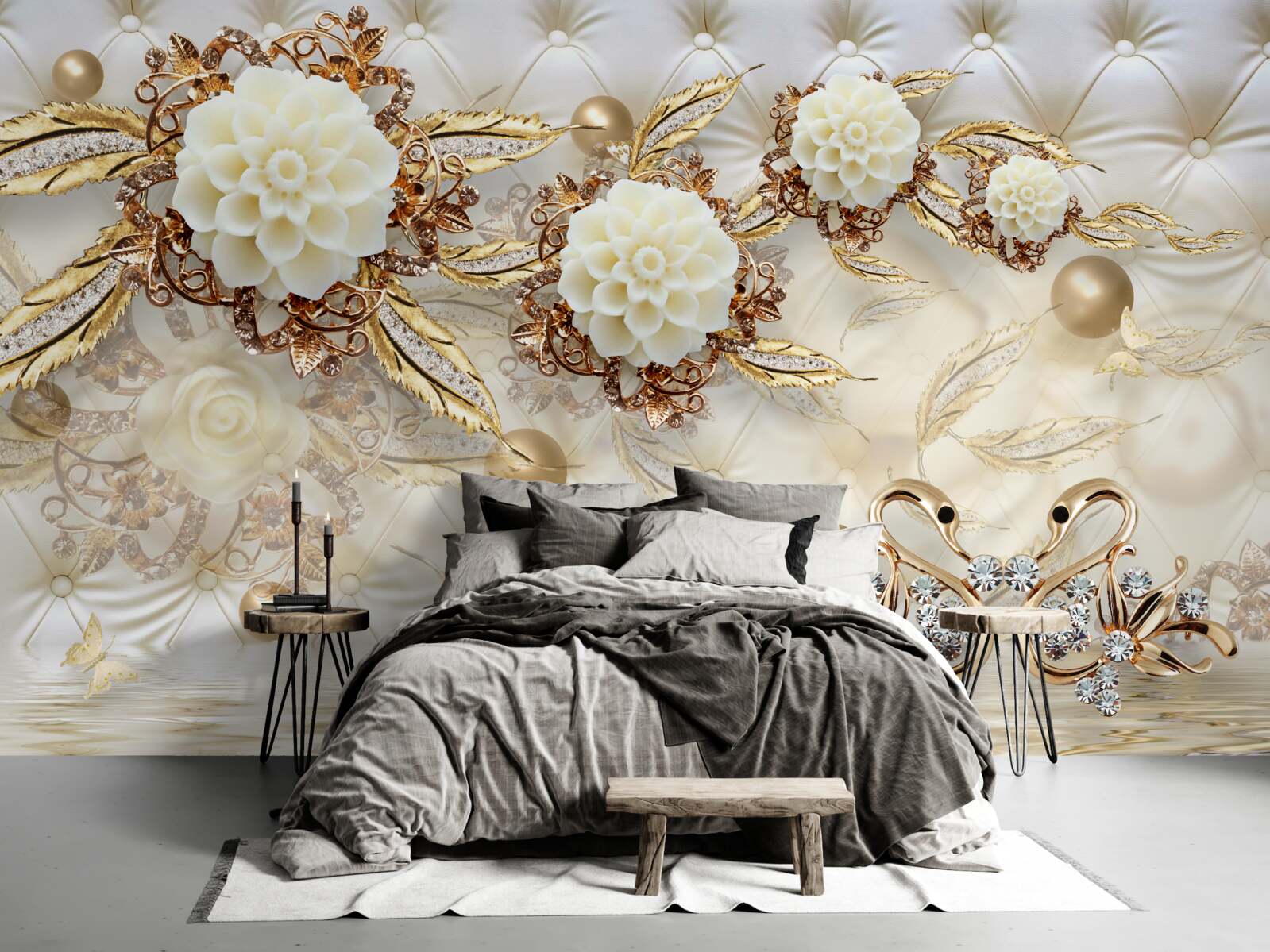 Papier peint cygnes dorés et bourgeons légers sur or brillant