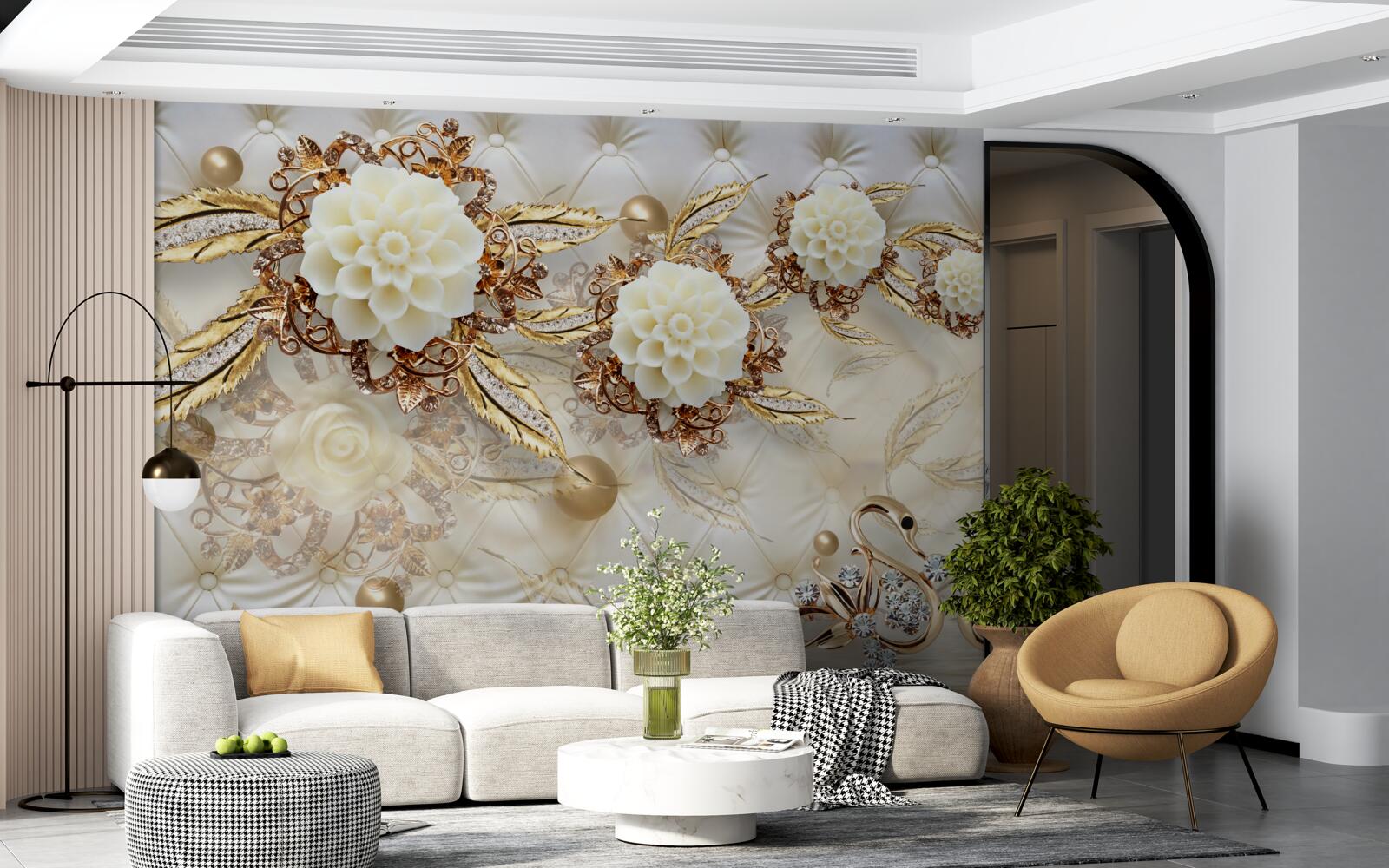 Papier peint cygnes dorés et bourgeons légers sur or brillant