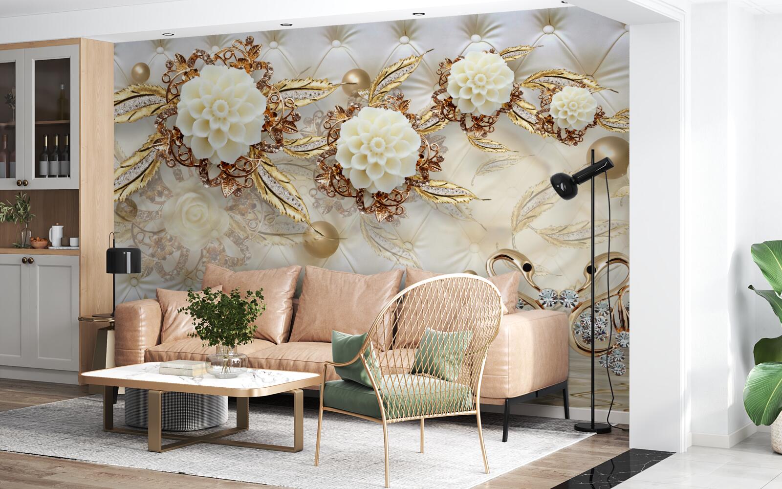 Papier peint cygnes dorés et bourgeons légers sur or brillant