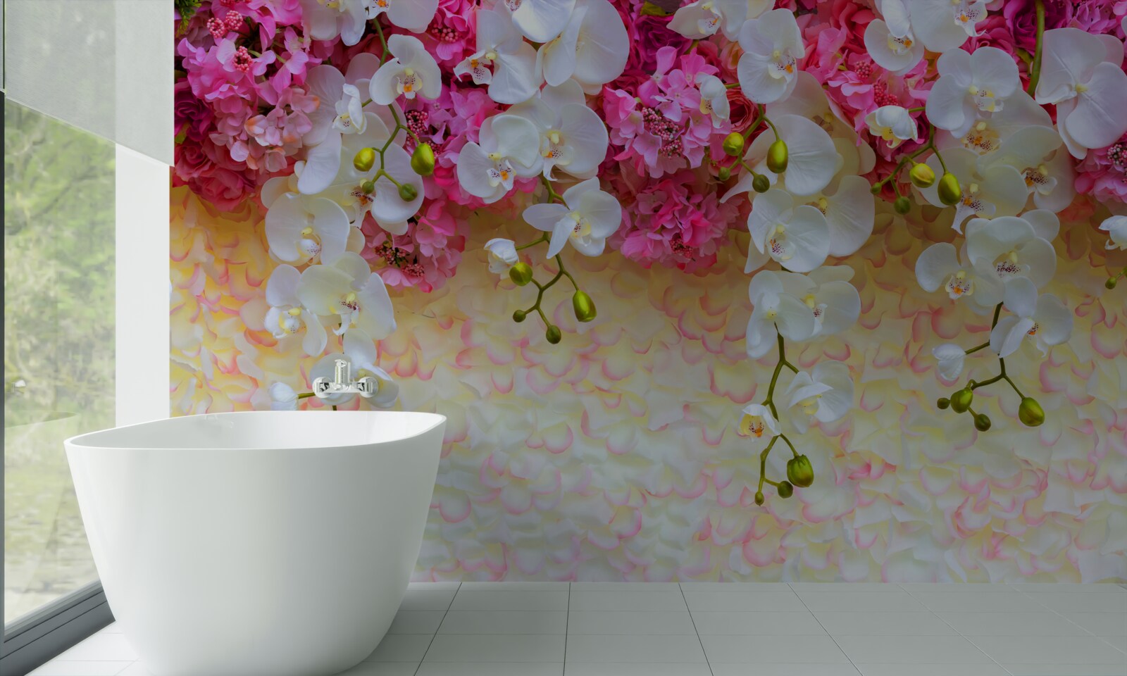 Papier peint Les orchidées sont blanches avec des reflets roses.