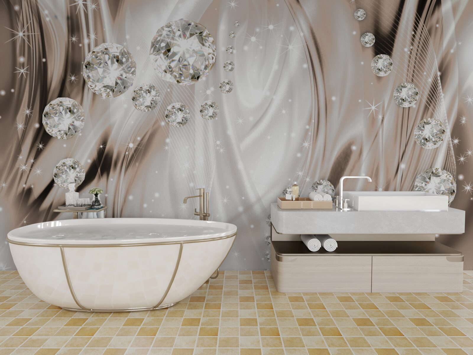 Papier peint soie brune décorée de pierres précieuses